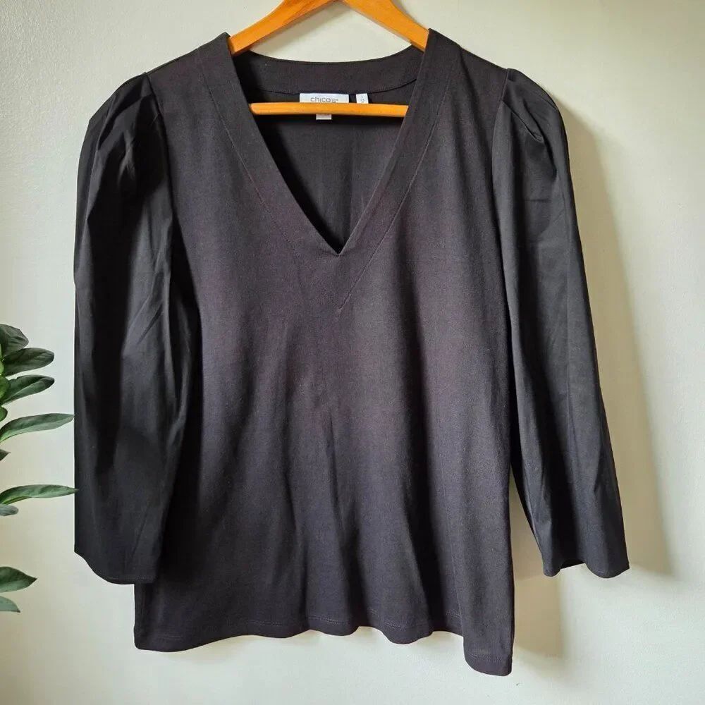EUC LIKE NEW CHICO'S BLACK V NECK PUFFED LONG SLEEVES TOP SIZE 1 / US M WOMENS